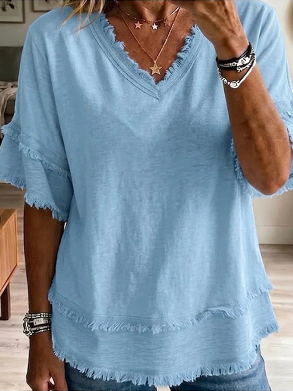 Frayed V-Neck Short Sleeve Top - teal